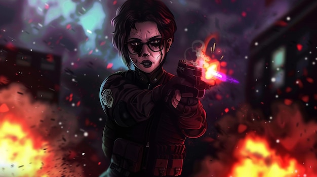 una mujer con un arma apuntando al fuego