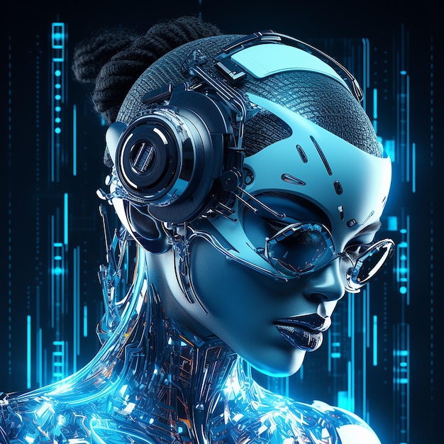 Una mujer con una armadura futurista con auriculares y luces azules brillantes