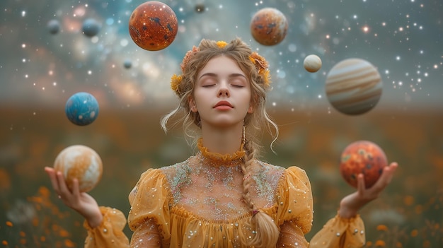 Foto mujer en armonía con los orbes celestes que encarnan el equilibrio cósmico apto para temas de astrología
