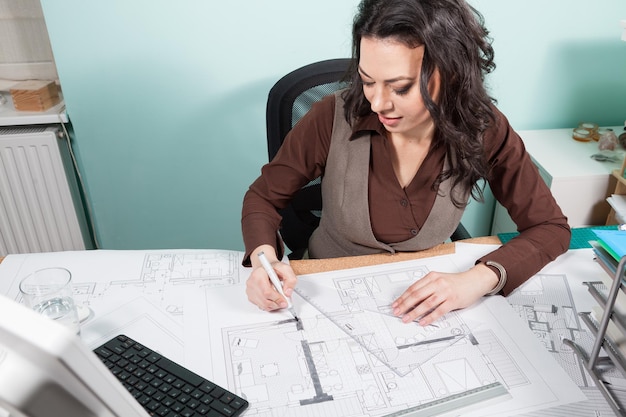 Mujer arquitecta en su mesa trabajando en planos. Negocios y creatividad. trabajo de arquitectura