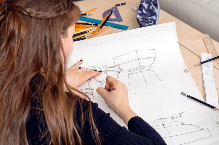 Foto mujer arquitecto dibuja un plan, diseño, formas geométricas a lápiz en una hoja grande de papel en el escritorio de la oficina.