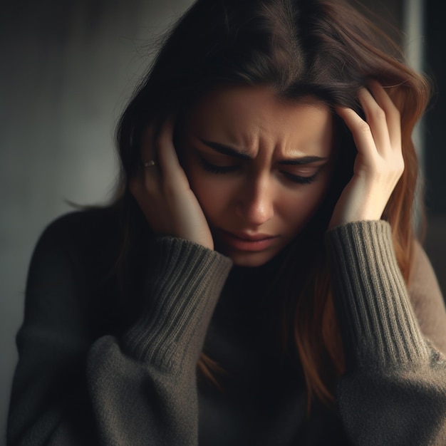 mujer arrafada con una mirada triste sentada en una mesa generativa ai