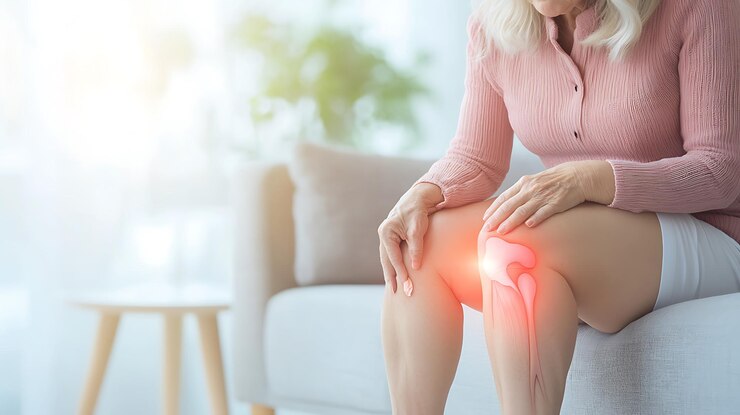 mujer arrafada sentada en un sofá con una lesión en la rodilla