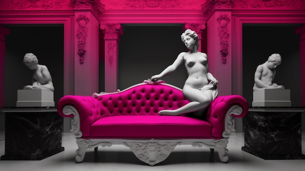 mujer arrafada sentada en un sofá rosa en una habitación con estatuas generativas ai