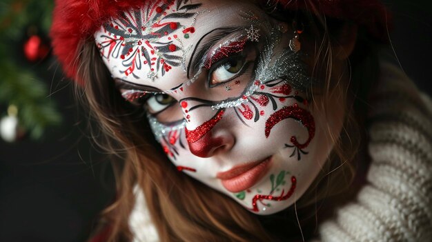 mujer arrafada con un sombrero rojo y cara pintada generativa ai