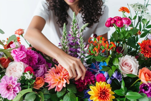 Foto una mujer arregla un vibrante ramo de flores