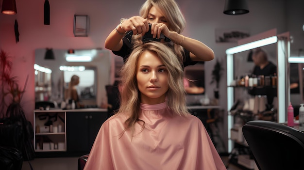 mujer arreglando su cabello en el salón de belleza