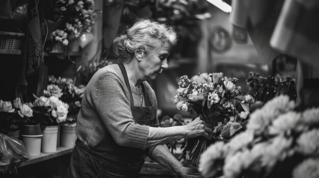 Foto una mujer está arreglando varias flores frescas en una floristería