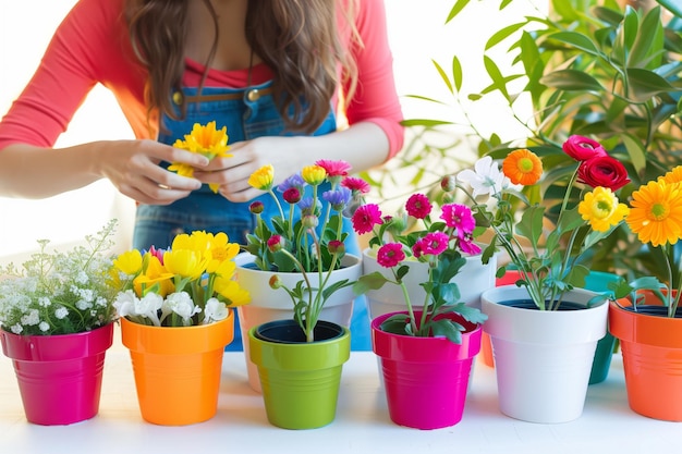 Mujer arreglando una variedad de macetas de flores coloridas