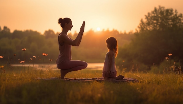 Foto una mujer arrodillada en un campo con un niño orando