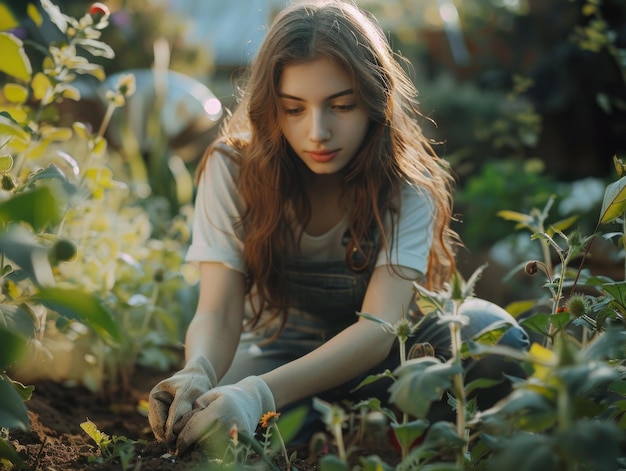 Foto una mujer está arrodillada en un jardín cuidando las plantas lleva una camisa blanca y un mono azul