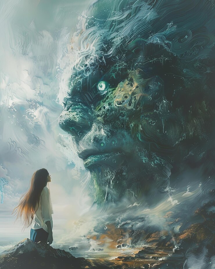 Mujer de arte de fantasía frente a un monstruo gigante fondo papel tapiz concepto pintura surrealista