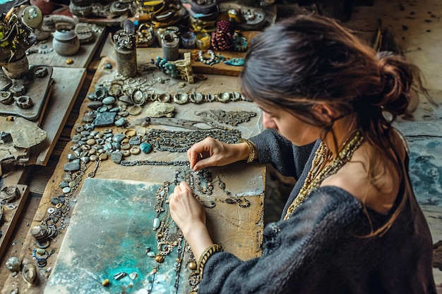 Mujer artesana muele y procesa joyería artesanal