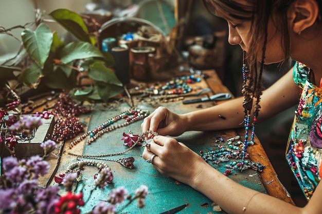 Foto mujer artesana que muele y procesa joyas hechas a mano