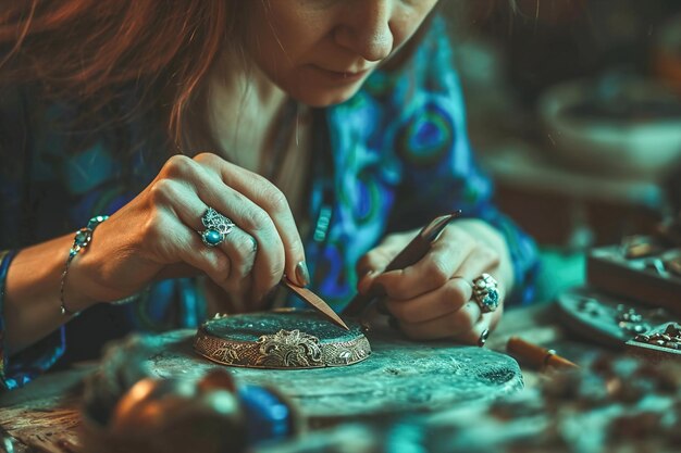 Foto mujer artesana que muele y procesa joyas hechas a mano