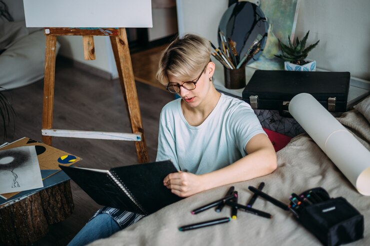 Foto mujer artista dibujo boceto artista femenina crea un boceto