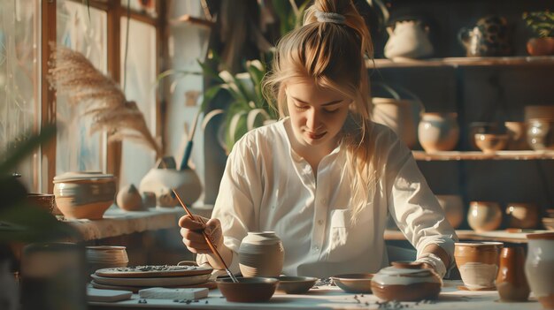 Mujer artista joven pintando un cuenco de cerámica en su estudio Ella lleva una camisa blanca y tiene el cabello atado hacia atrás en una cola de caballo