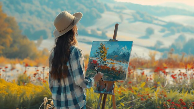 Foto mujer artista joven pintando en lienzo en un campo de flores