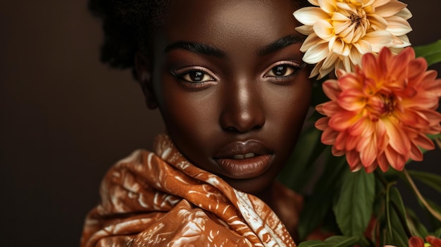 Mujer de ascendencia africana posando con flores generativa ai