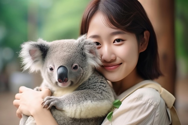 Mujer asiática abrazando a un koala en un bosque que simboliza la coexistencia