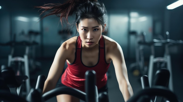 Mujer asiática activa en bicicleta de spinning en el gimnasio generada por IA