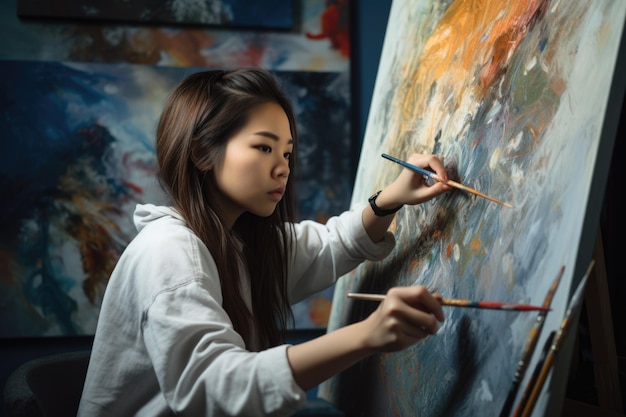 Mujer asiática adolescente pintura estudio de arte artista delantal imagen dibujo generativo AI AIG23