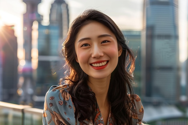 Foto mujer asiática alegre de unos 30 años sonriendo brillantemente