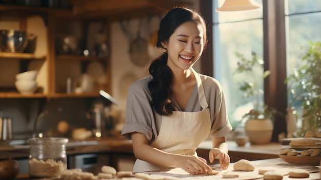 Mujer asiática amassando masa en la cocina