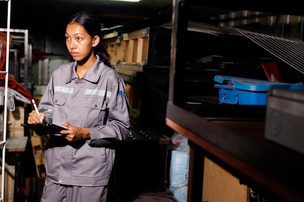 Mujer asiática de los años 20 en uniforme gris comprobar elementos de recuento en la sala de almacenamiento del almacén. El departamento de servicio de mantenimiento organiza el equipo para la configuración del evento mantenido, retrato de piel bronceada