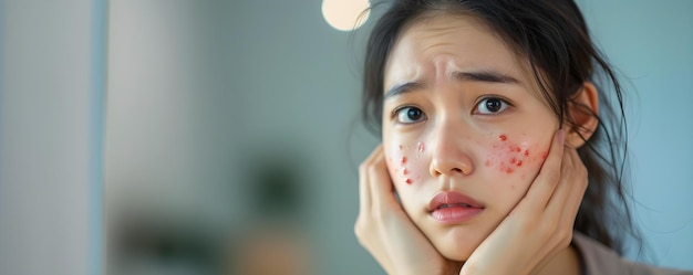 Mujer asiática ansiosa busca tratamiento de la piel para la erupción roja en la cara Concepto de cuidado de la piel de rutina productos faciales Tratamiento de erupciones rojas Preocupaciones de la piel asiática