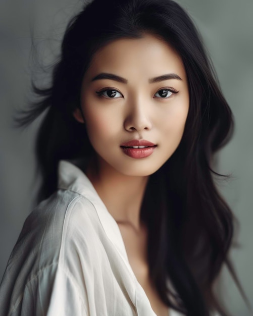 Mujer asiática atractiva y encantadora con rostro y ojos alegres generados por IA