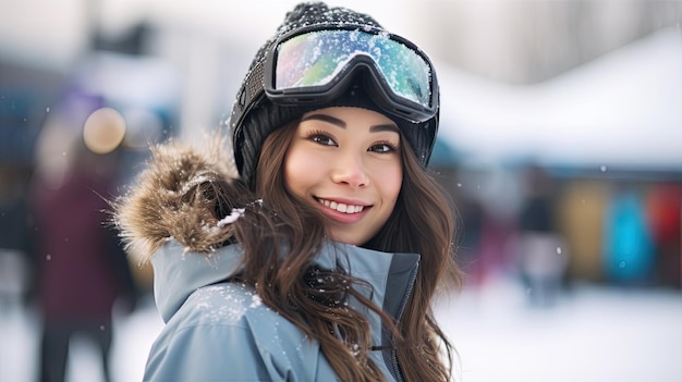 Foto una mujer asiática atractiva en una estación de esquí.