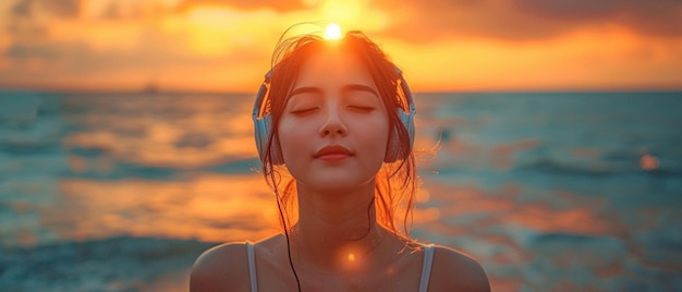 Foto mujer asiática con auriculares tranquila disfrutando de una hermosa puesta de sol sobre la orilla del mar mientras toma el aire fresco y la música.