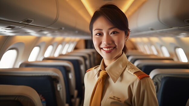 Mujer asiática azafata interior del avión de pasajeros
