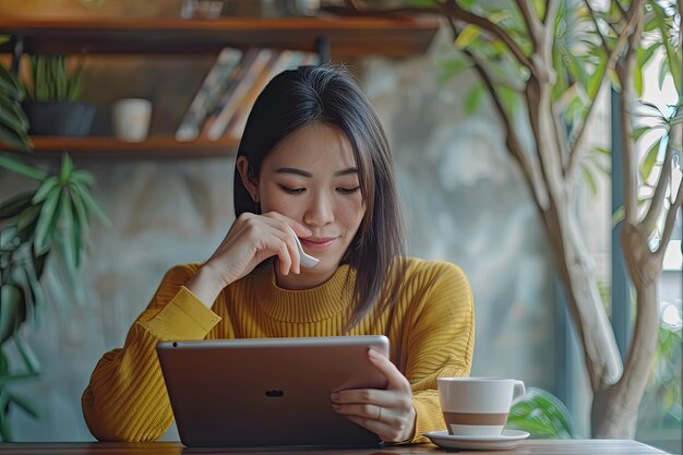 Mujer asiática bebiendo café y usando una tableta