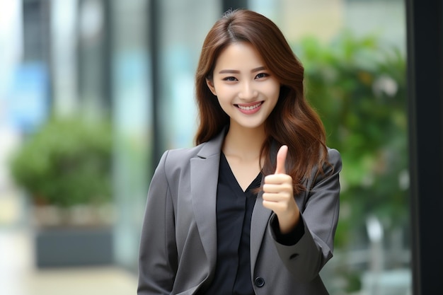 Mujer asiática con blazer gris y pulgares hacia arriba sonriendo