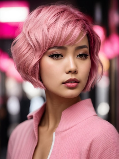 Mujer asiática con cabello corto rosado en un peinado bob chic