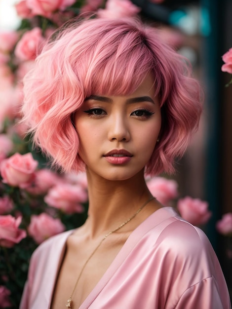 Mujer asiática con cabello corto rosado en un peinado bob chic