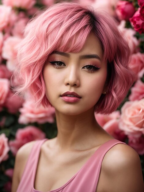 Mujer asiática con cabello corto rosado en un peinado bob chic