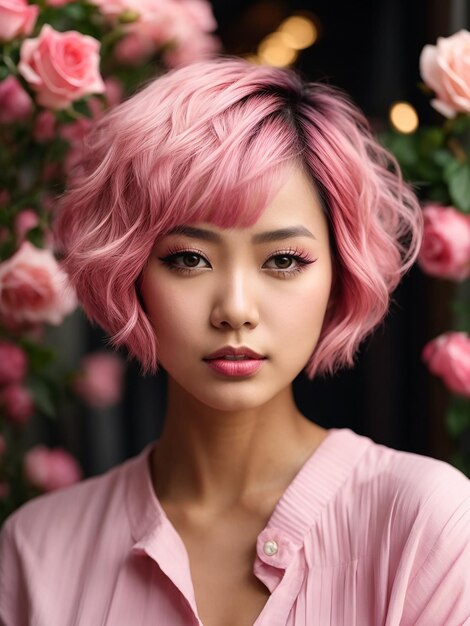 Mujer asiática con cabello corto rosado en un peinado bob chic