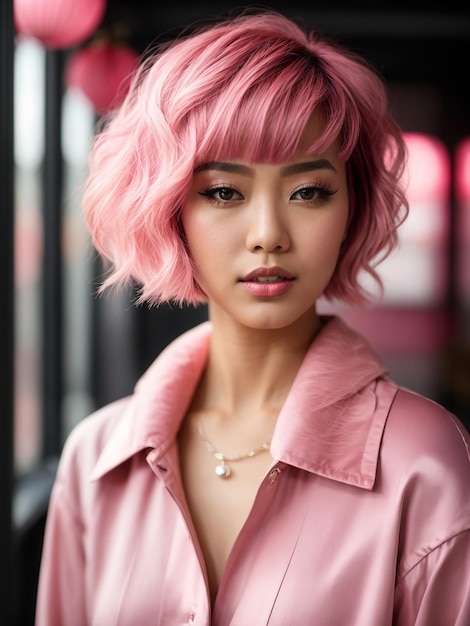 Mujer asiática con cabello corto rosado en un peinado bob chic