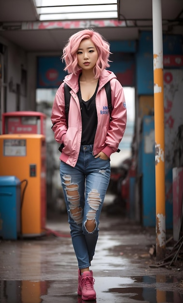 Mujer asiática con cabello rosado elegantemente vestida en una gasolinera abandonada Ai generative