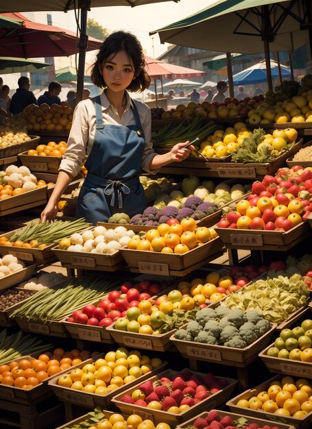 Mujer asiática en la calle vende verduras y frutas locales