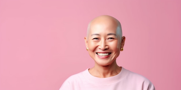 Mujer asiática calva positiva que lucha contra el cáncer generada por IA