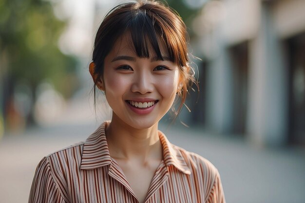 Mujer asiática con camisa a rayas sonriendo en un fondo borroso