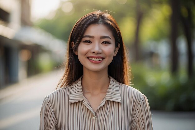 Mujer asiática con camisa a rayas sonriendo en un fondo borroso