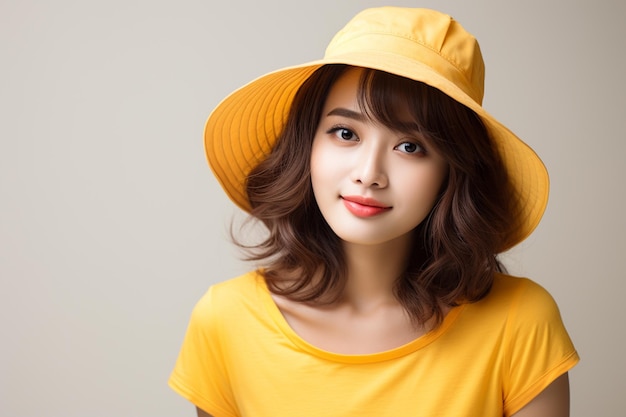 Mujer asiática con una camiseta amarilla con sombrero sobre fondo blanco