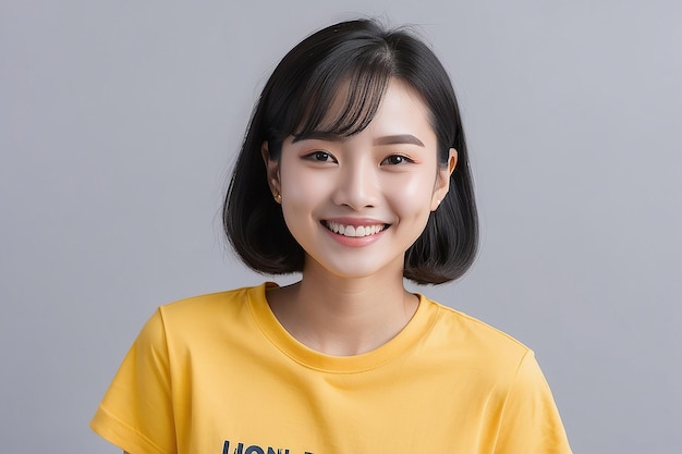 Mujer asiática con camiseta amarilla sonriendo