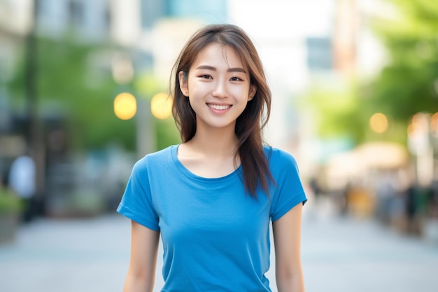 Mujer asiática con camiseta azul sonriendo en la calle