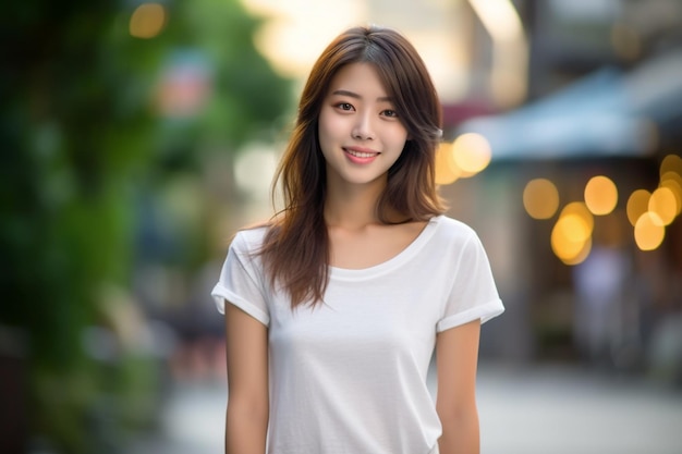 Mujer asiática con camiseta blanca sonriendo en la calle
